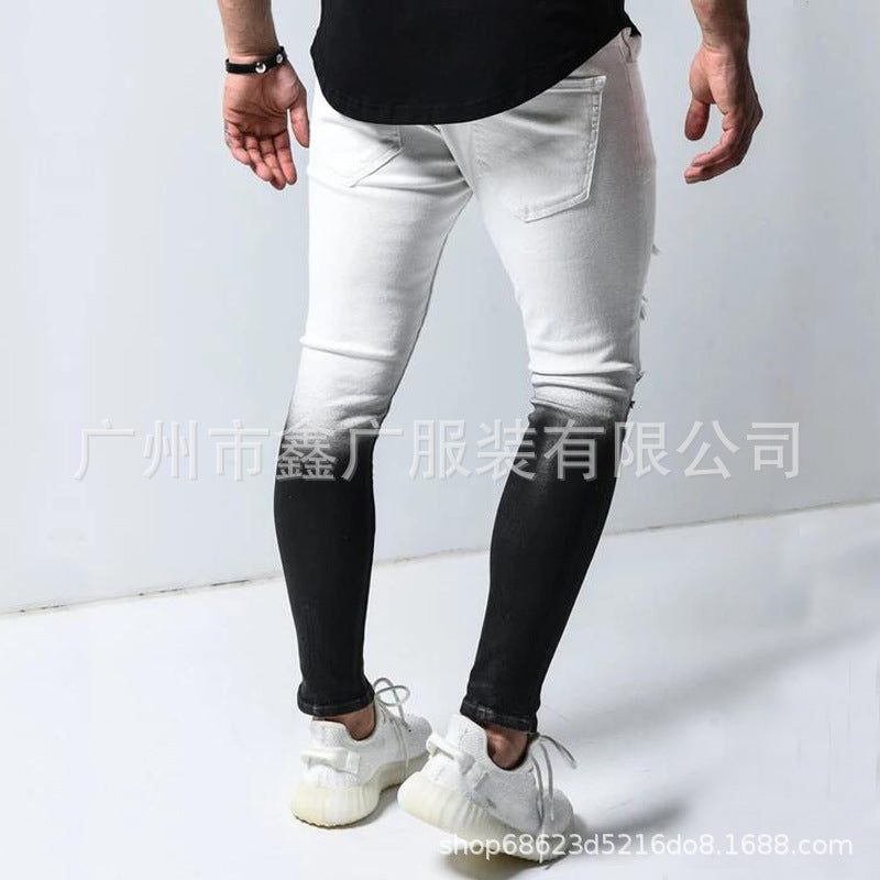 Europe and the United States cross-border hot sale new men's foot zipper hole stretch tight contrast jeans