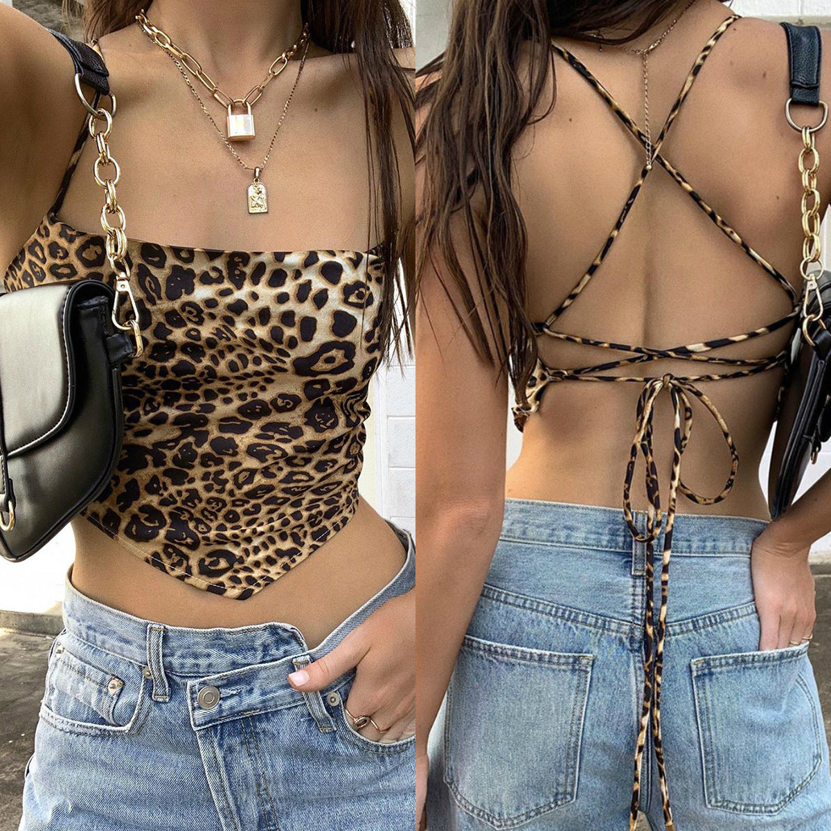 European and American trendy bottoming top sexy leopard print lace-up hollow bandage tube top