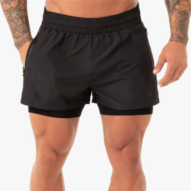 Fitness double-layer shorts men's quick-drying breathable stretch training pants brother mesh running sports