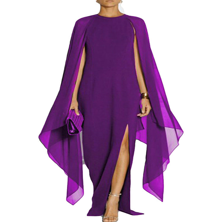 European and American spring and summer women's solid color chiffon cloak sleeve split dress fashion queen fan dress