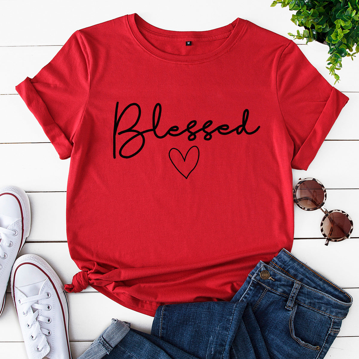 European and American women's loose blessed heart-shaped cotton collar short-sleeved t-shirt