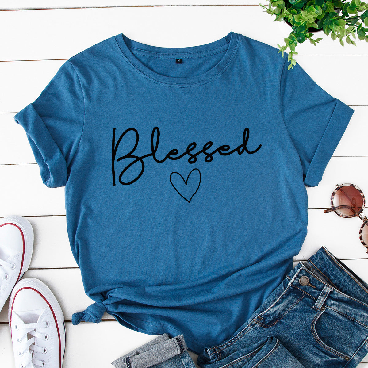 European and American women's loose blessed heart-shaped cotton collar short-sleeved t-shirt