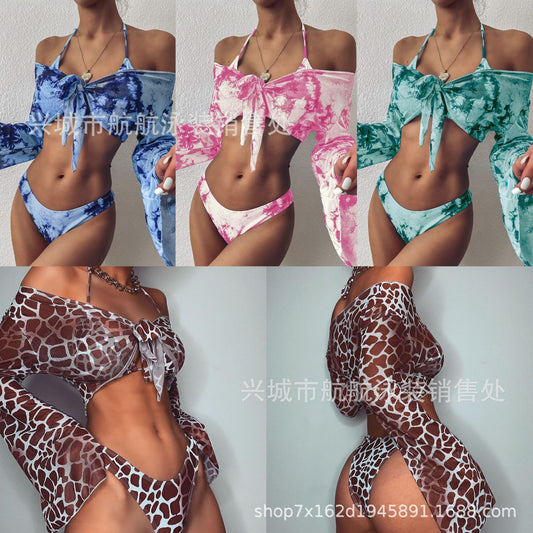 European and American hot style female split swimsuit sexy long-sleeved three-piece leopard-print bikini