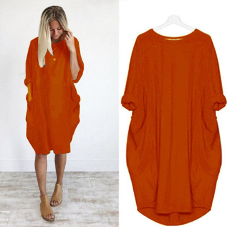 European and American popular casual loose pocket long-sleeved dress