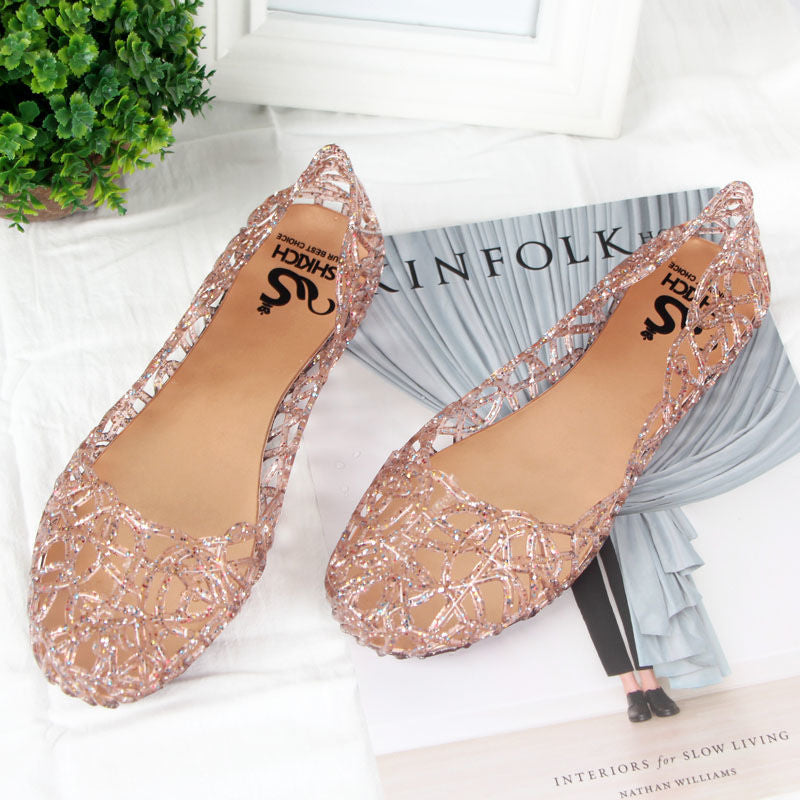 European and American beach flat bird's nest hole shoes plastic crystal jelly shoes hollow mesh sandals