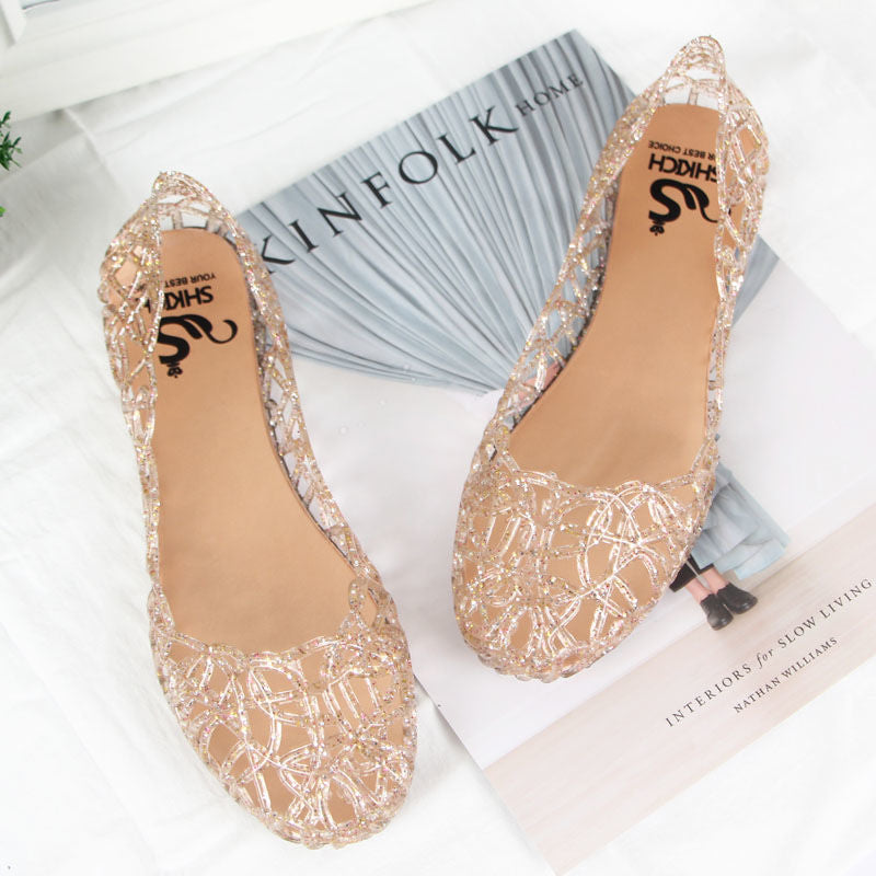 European and American beach flat bird's nest hole shoes plastic crystal jelly shoes hollow mesh sandals