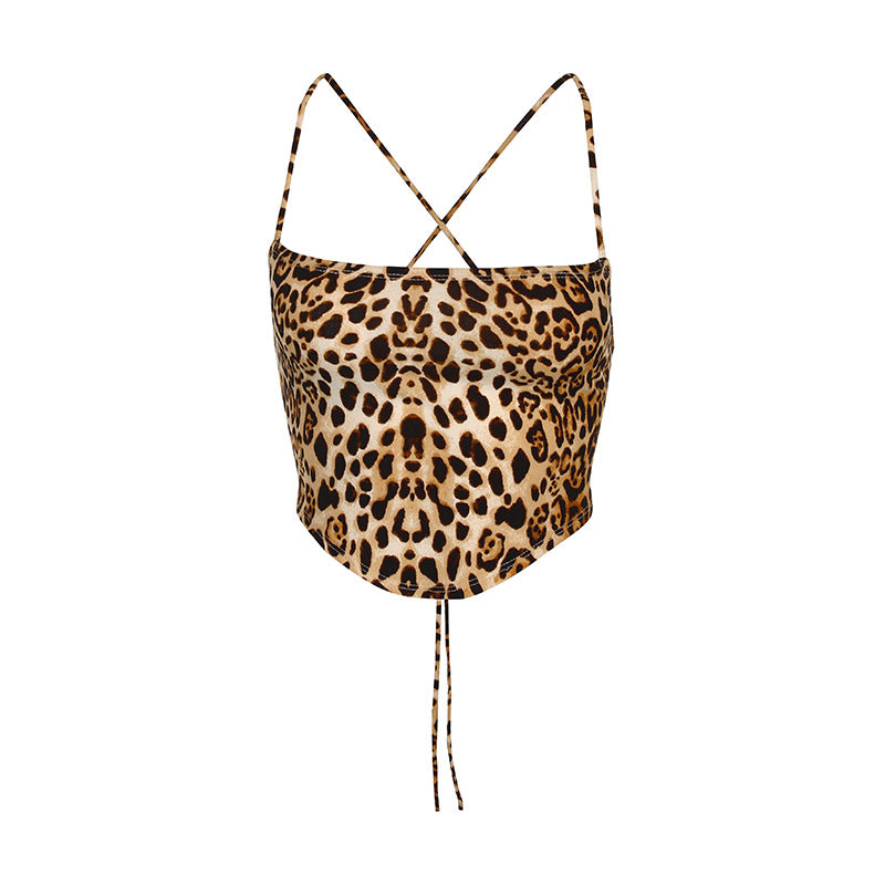 European and American trendy bottoming top sexy leopard print lace-up hollow bandage tube top