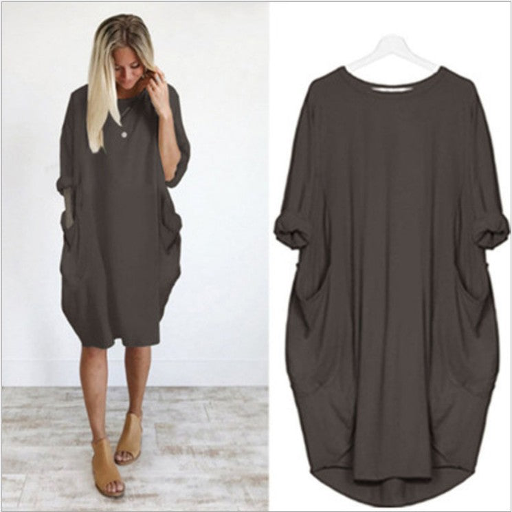 European and American popular casual loose pocket long-sleeved dress