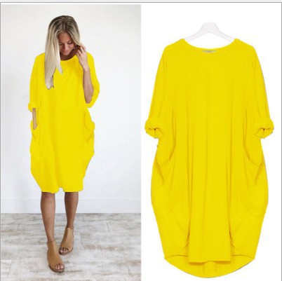 European and American popular casual loose pocket long-sleeved dress