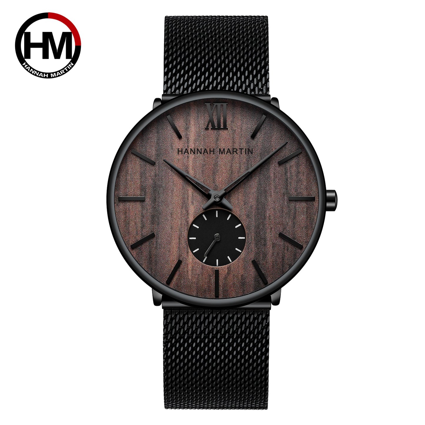 Hannah Martin Men's Ebony Bamboo Surface Wood Wooden Watch Two-hand and a half stainless steel mesh strap watch