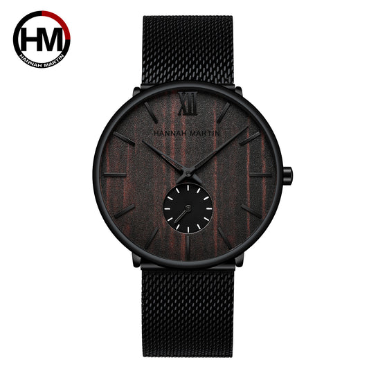 Hannah Martin Men's Ebony Bamboo Surface Wood Wooden Watch Two-hand and a half stainless steel mesh strap watch