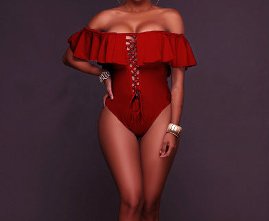 European and American hot style sexy one-shoulder bikini ruffled sling one-piece swimsuit