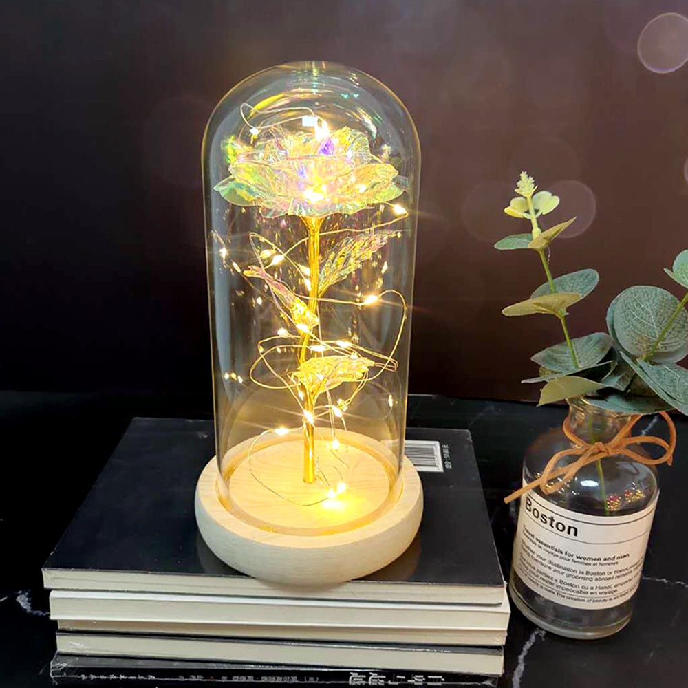 Gold foil rose glass cover luminous led night light simulation immortal flower Christmas Valentine's day gift decoration