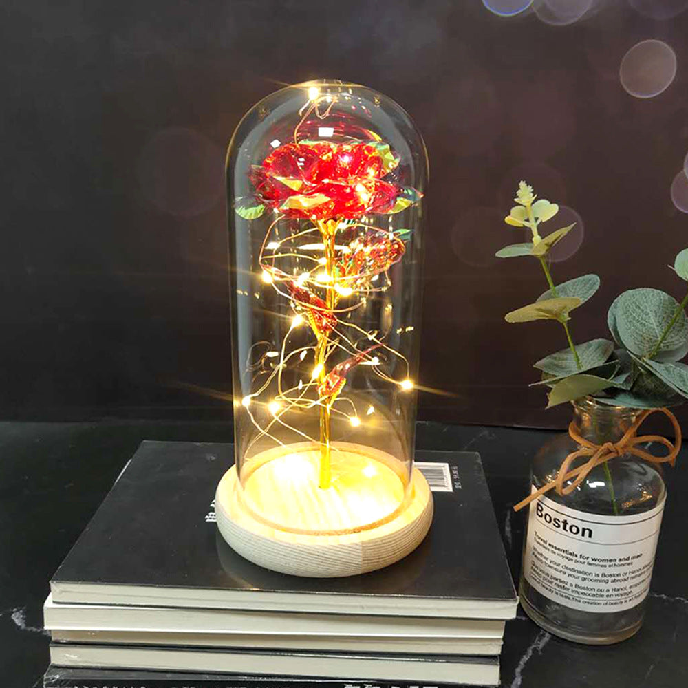 Gold foil rose glass cover luminous led night light simulation immortal flower Christmas Valentine's day gift decoration