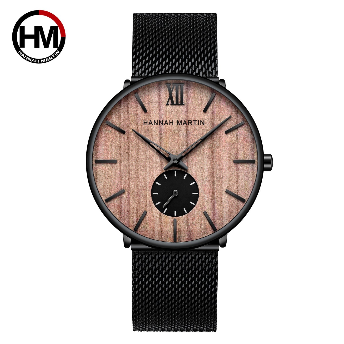 Hannah Martin Men's Ebony Bamboo Surface Wood Wooden Watch Two-hand and a half stainless steel mesh strap watch