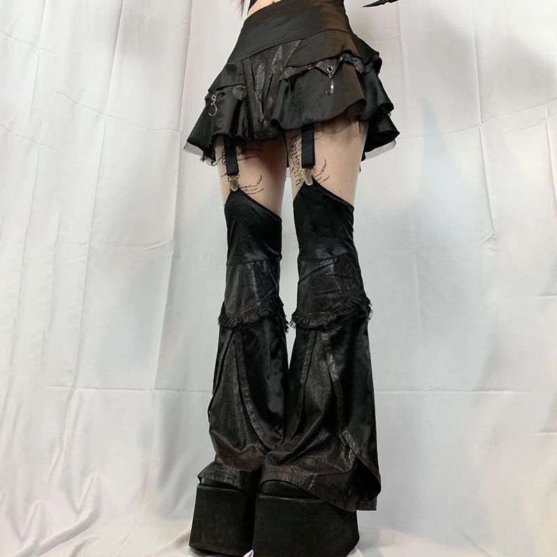 European and American hippie leg wraps, hooks, leather stitching, cutout trousers, detachable mesh skirt