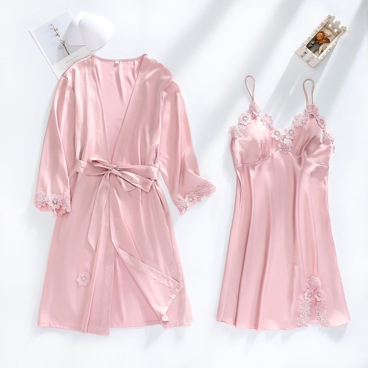 Ice silk pajamas women summer thin section sexy lace suspenders nightdress nightgown five-piece long-sleeved home service with chest pad