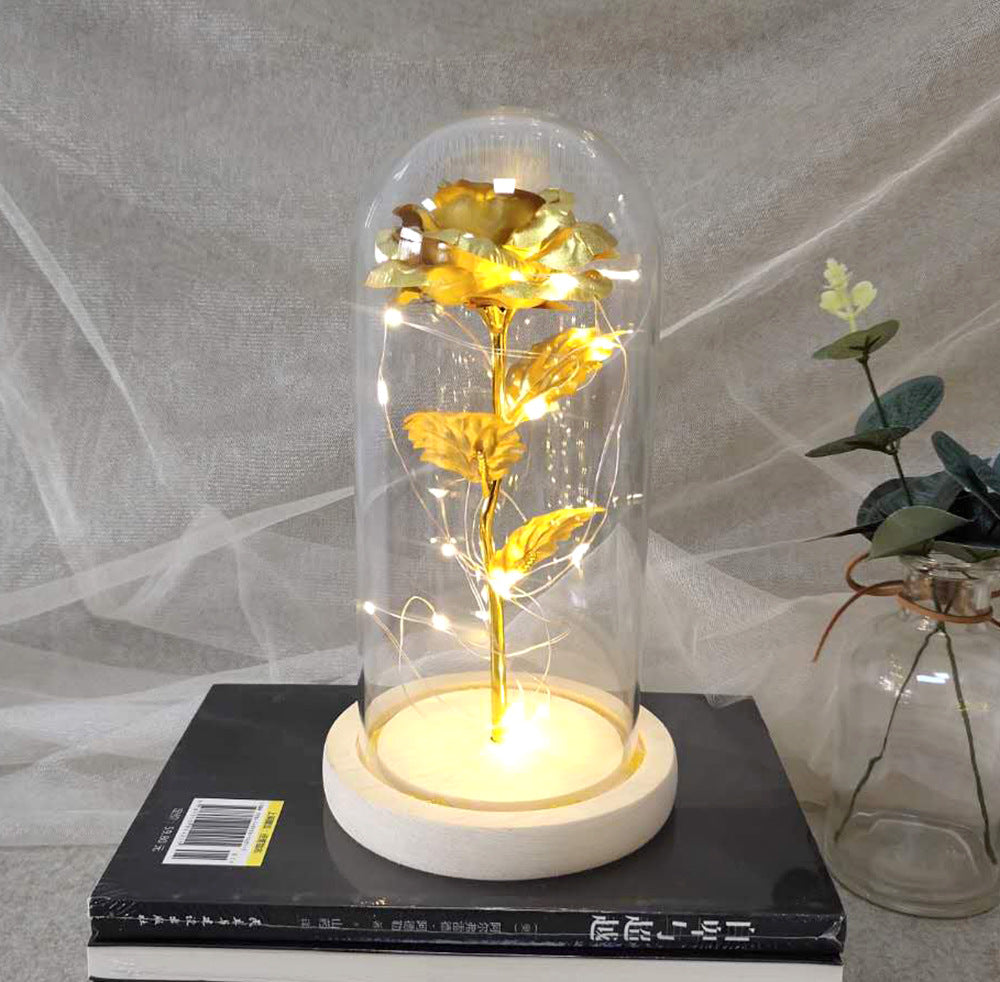 Gold foil rose glass cover luminous led night light simulation immortal flower Christmas Valentine's day gift decoration