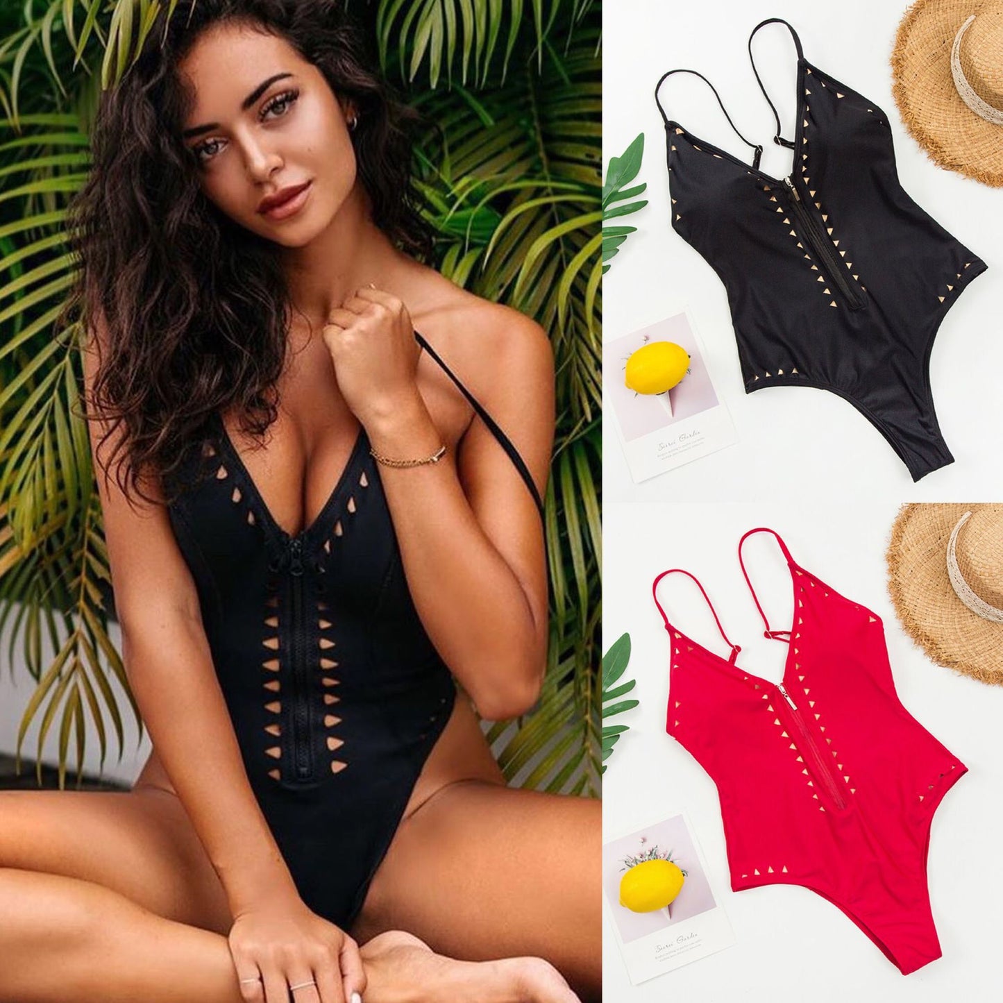 Cross-border European and American One-Piece Sexy Zipper Hollow Bikini