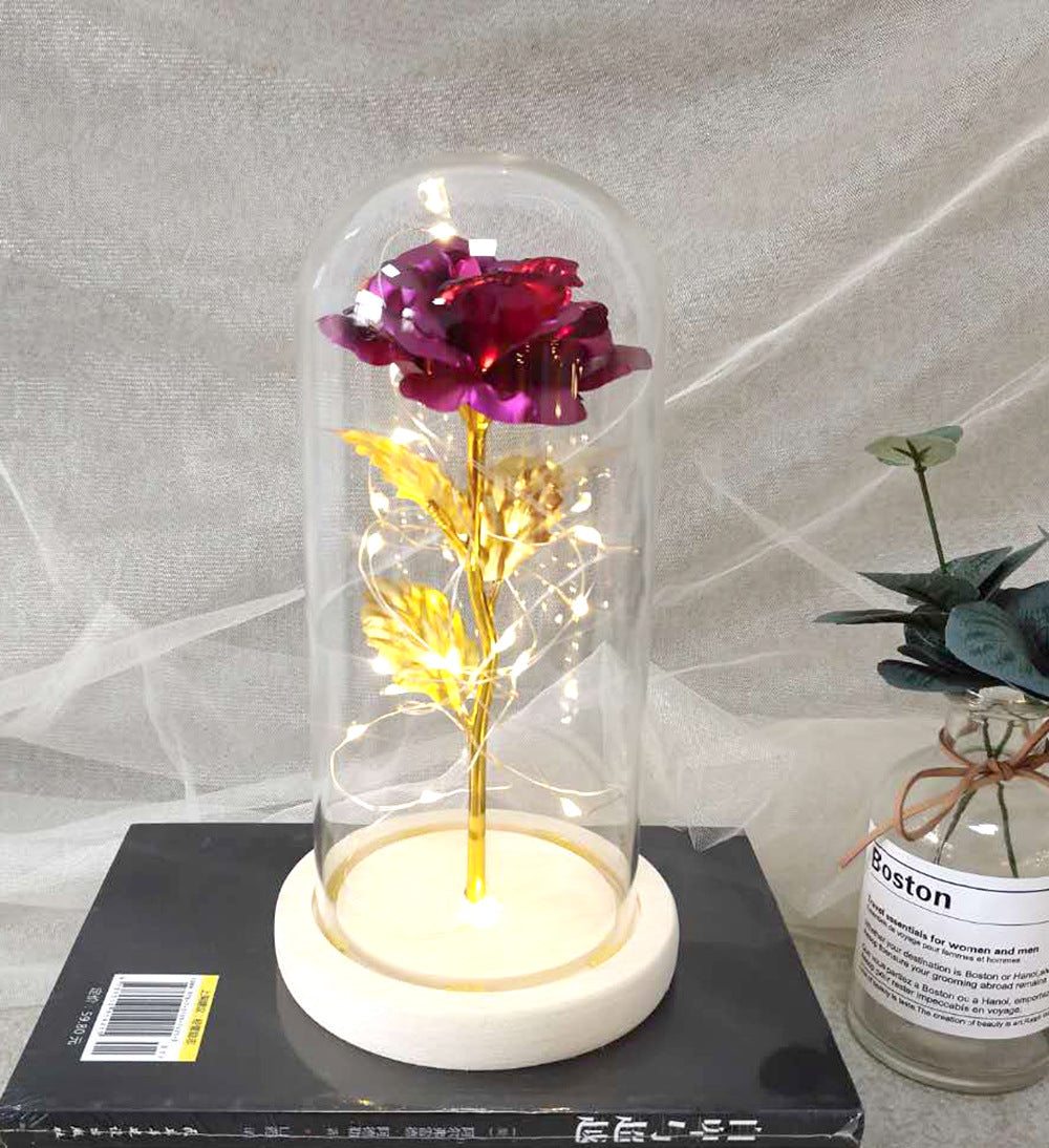 Gold foil rose glass cover luminous led night light simulation immortal flower Christmas Valentine's day gift decoration