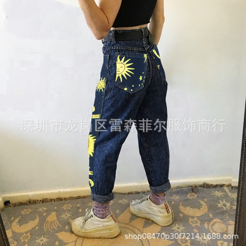 European and American fashion sun star moon print women's jeans