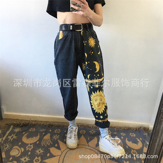 European and American fashion sun star moon print women's jeans