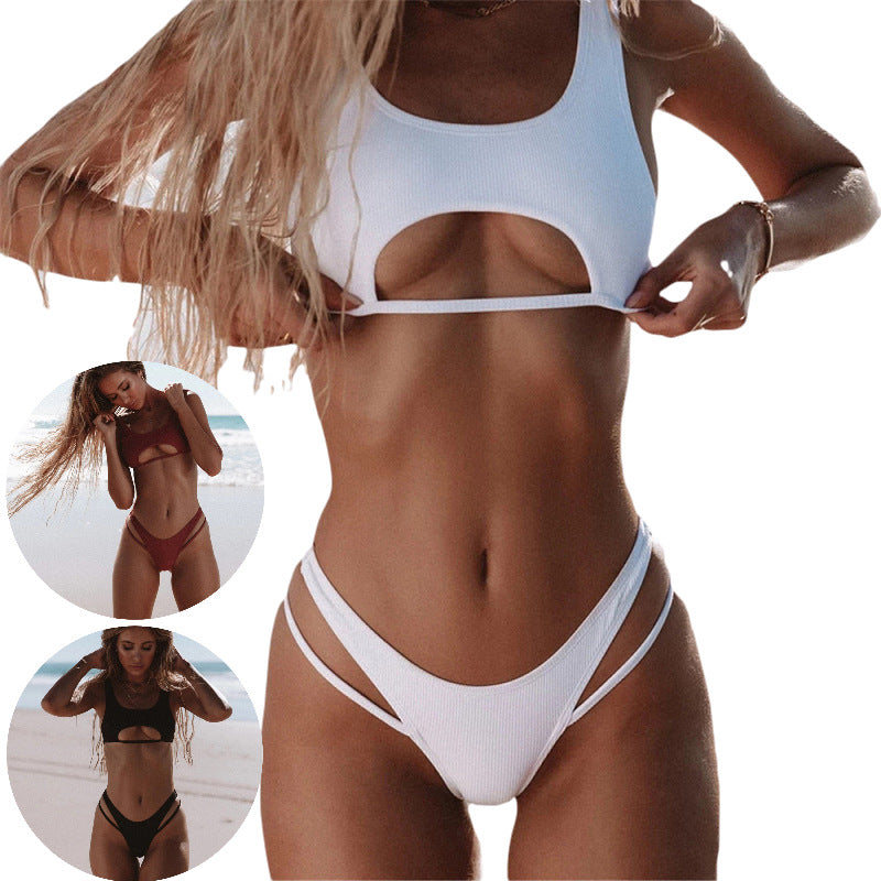 European and American sexy chest pads gather solid color hollow beach female swimsuit swimming trunks suit