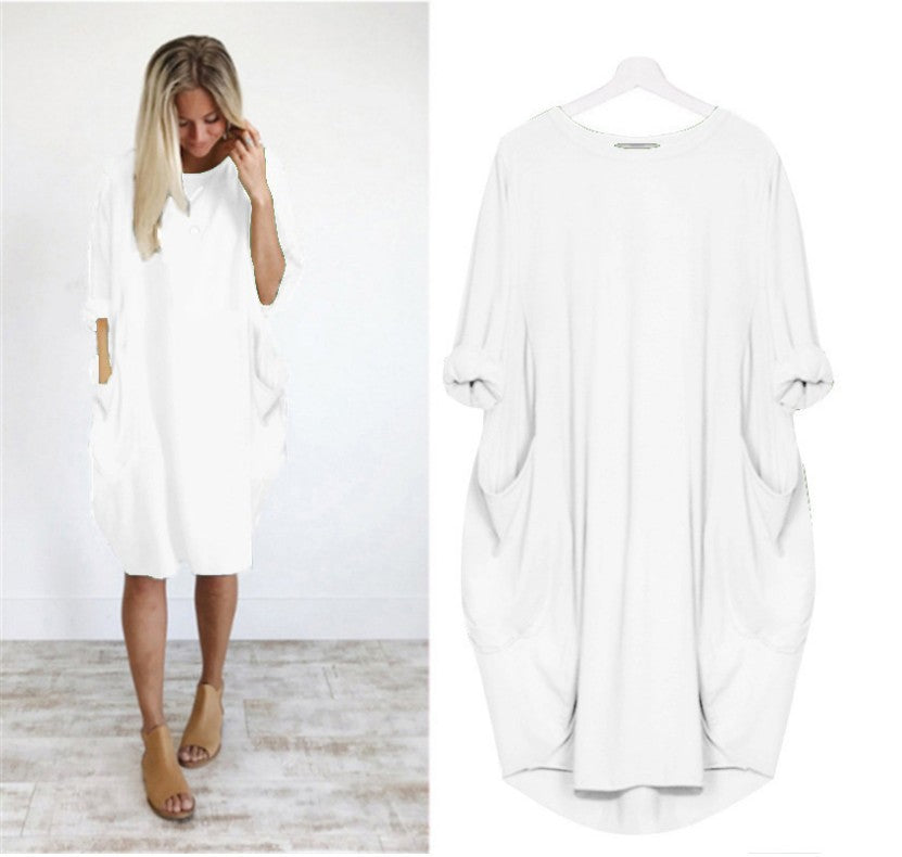 European and American popular casual loose pocket long-sleeved dress