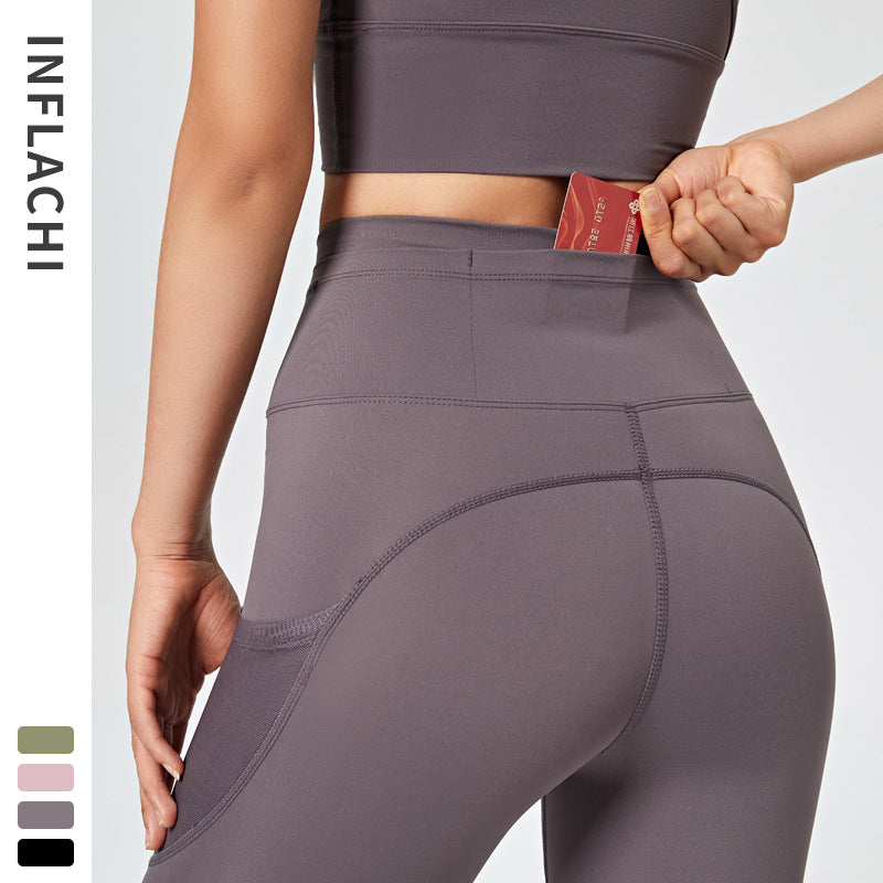 Nude yoga pants ladies peach hips high waist running tight stretch mesh breathable pocket sports fitness pants