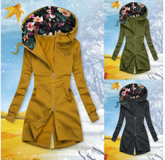 European and American women's clothing solid color stitching drawstring hooded slim fashion jacket