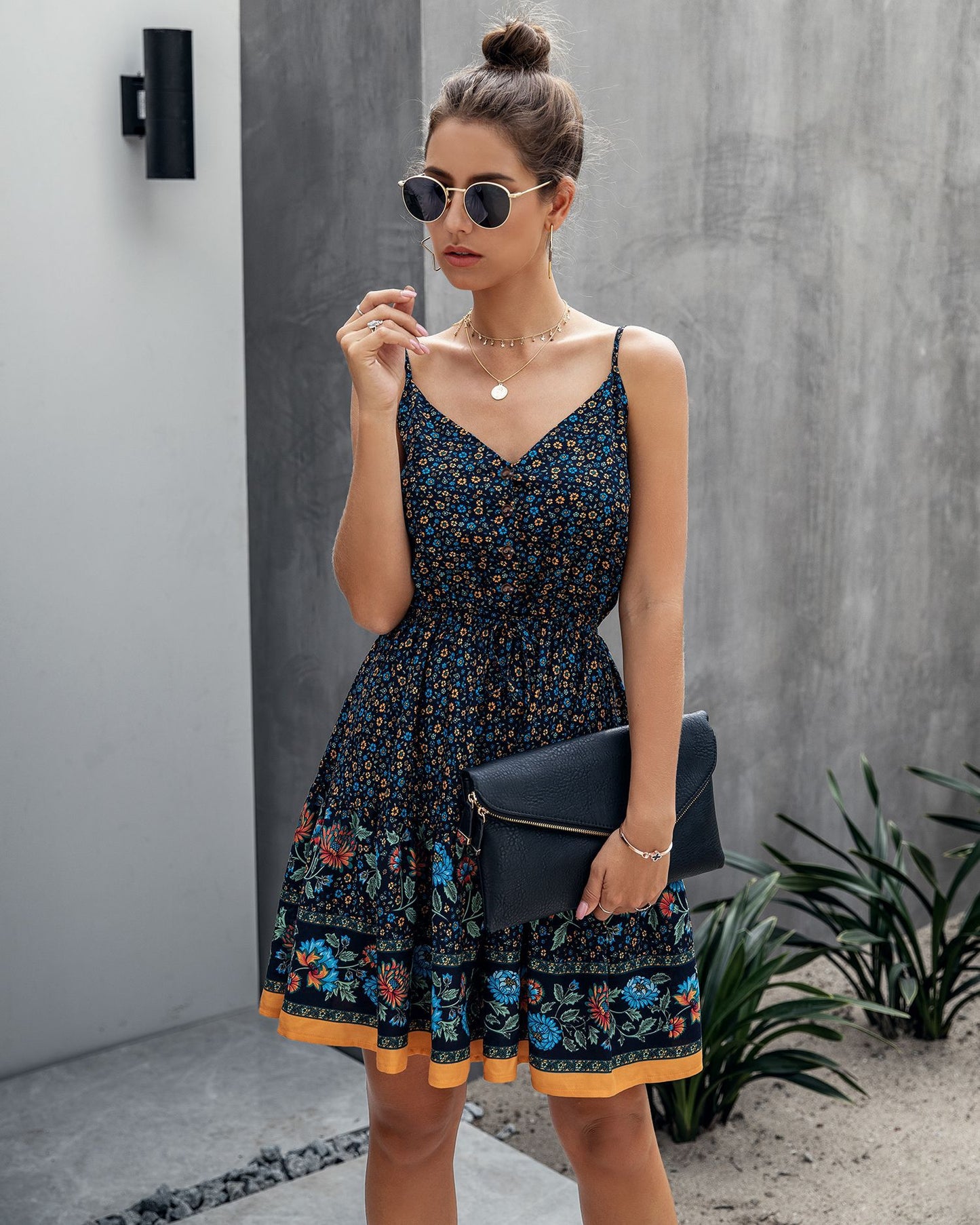 European and American Fashion Sling Printed V-neck Button Elastic Waist Tie Ladies Dress