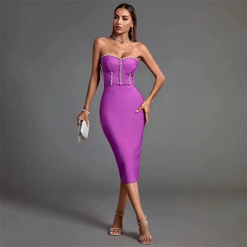 European and American style women's tight bandage skirt sexy off-the-shoulder purple lady party dress