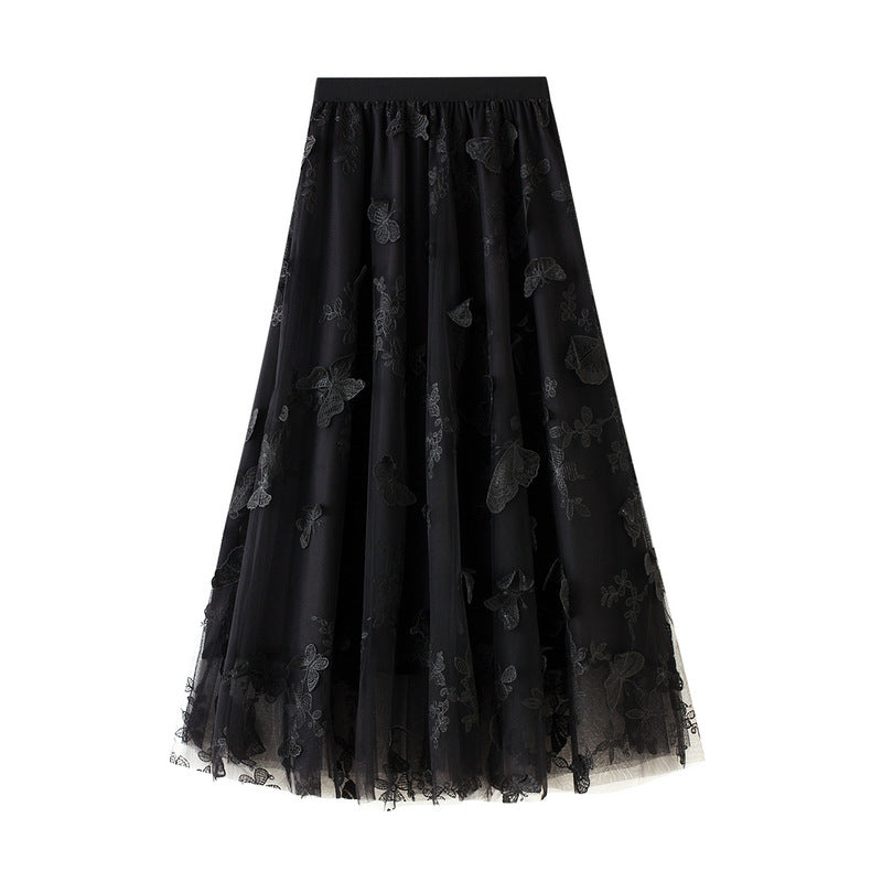 European and American new high-waisted thin A-line lace butterfly fairy mesh mid-length skirt women's skirt