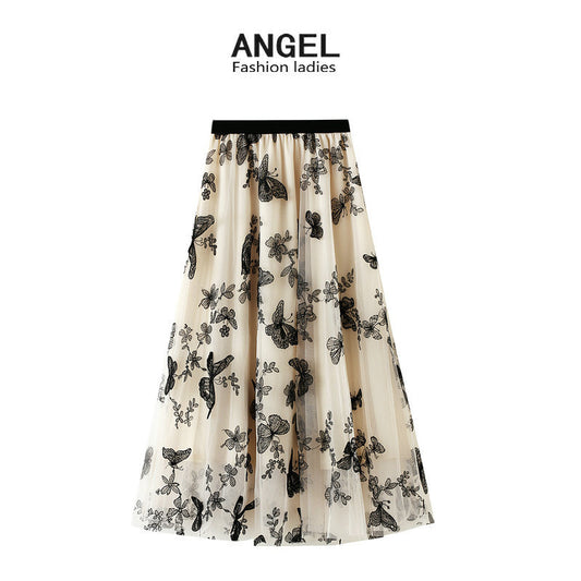 European and American new high-waisted thin A-line lace butterfly fairy mesh mid-length skirt women's skirt