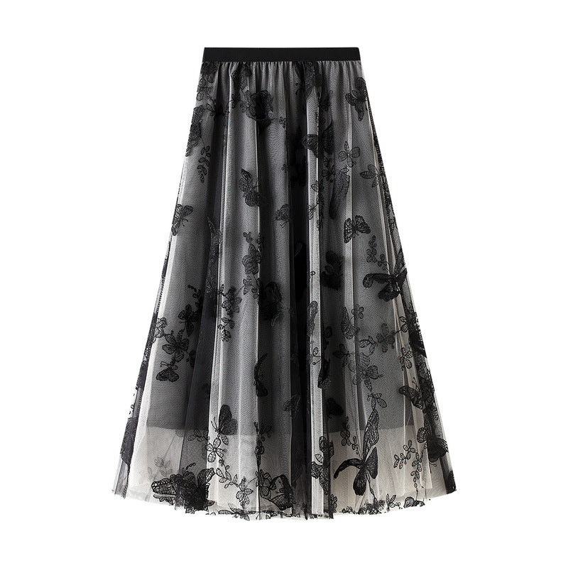 European and American new high-waisted thin A-line lace butterfly fairy mesh mid-length skirt women's skirt