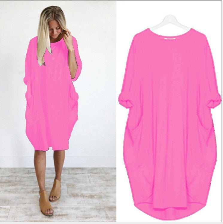 European and American popular casual loose pocket long-sleeved dress