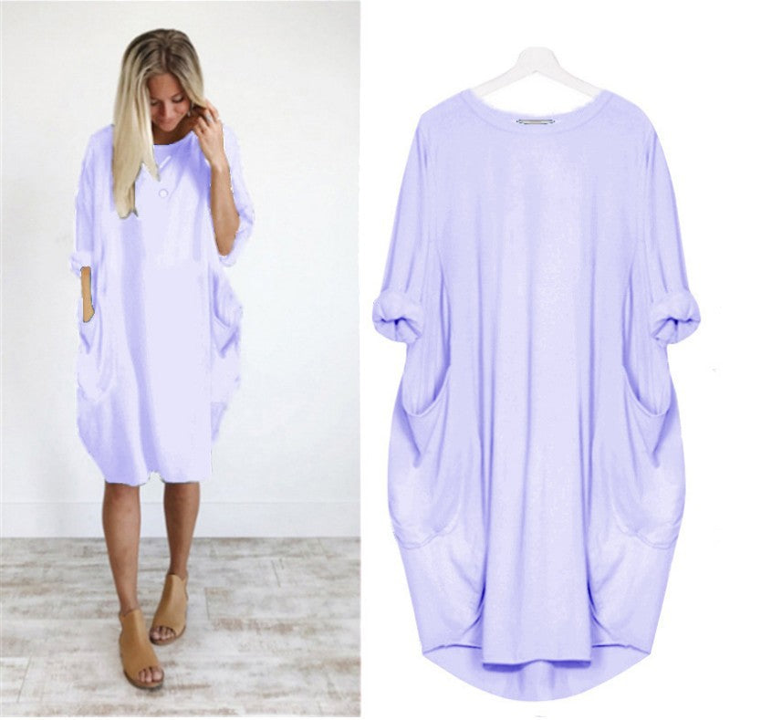 European and American popular casual loose pocket long-sleeved dress