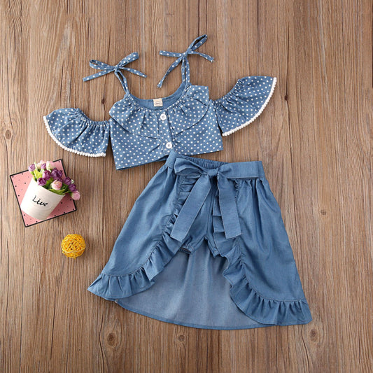 Children's clothing summer suit girls polka dot sling top lace-up dovetail skirt shorts three-piece set
