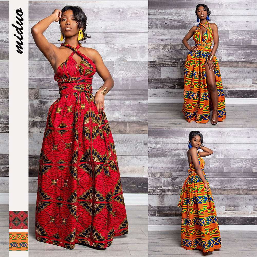 Digital print forked African women's dress