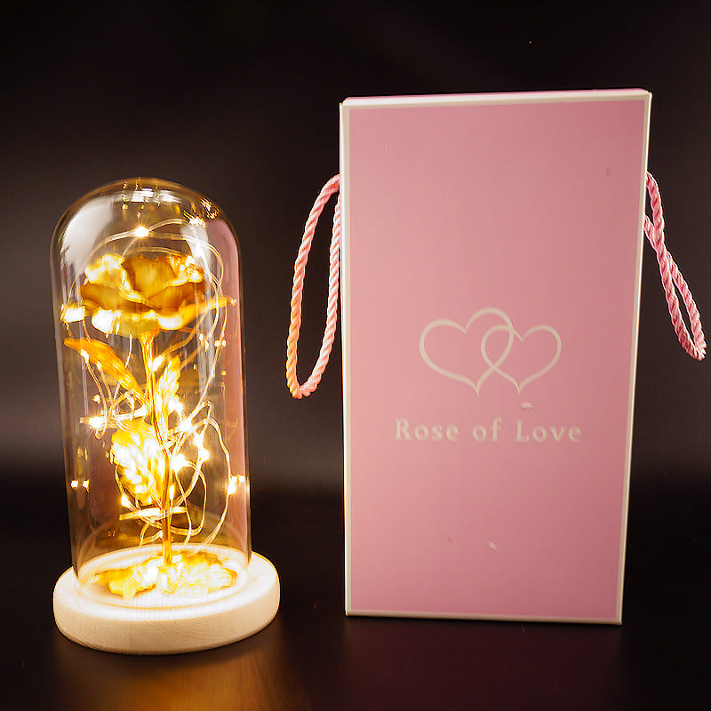 24k gold leaf rose flower little prince rose glass cover with LED light Christmas gift