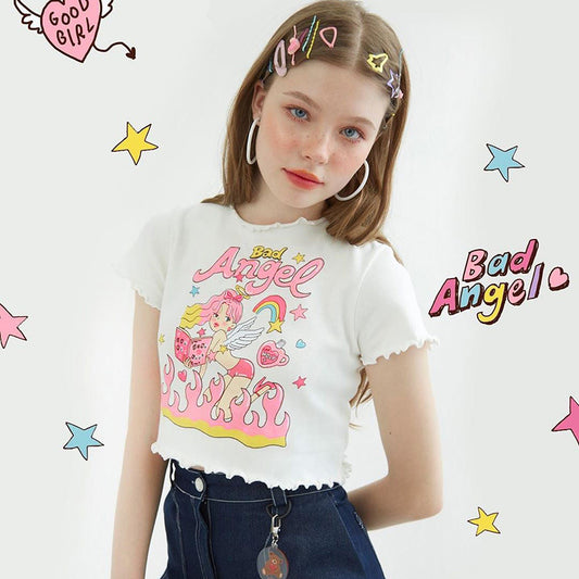 European and American girl angel print fashion casual girl fungus navel t-shirt