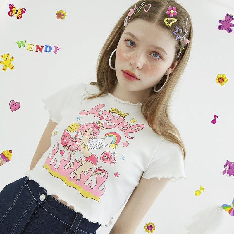 European and American girl angel print fashion casual girl fungus navel t-shirt