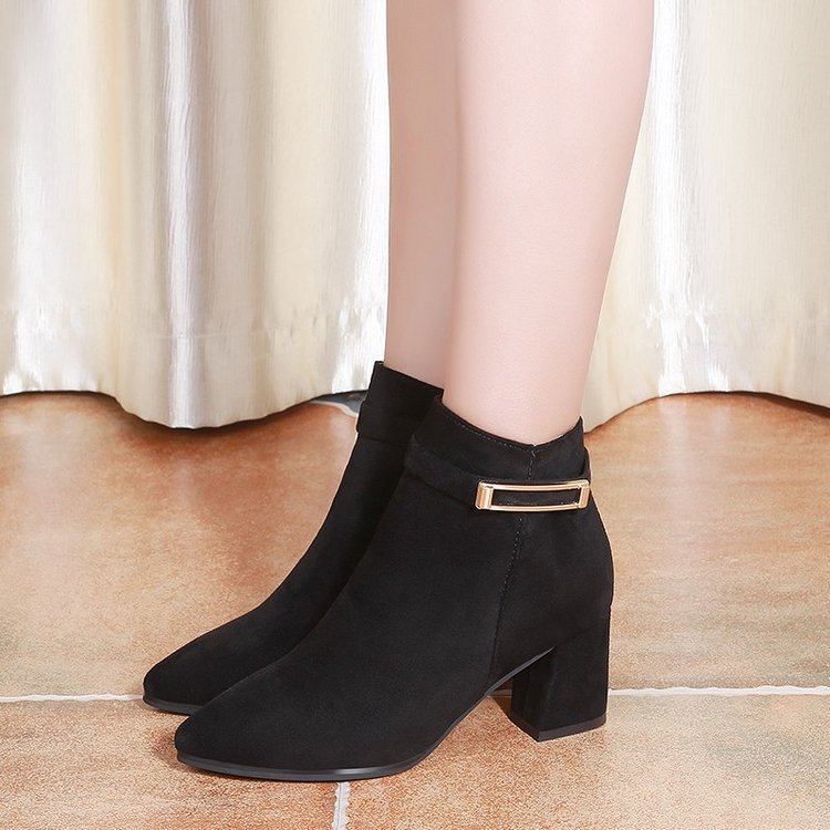 High-top nubuck leather pointed toe women's singles thick heels high heels short boots mid-heel women's shoes