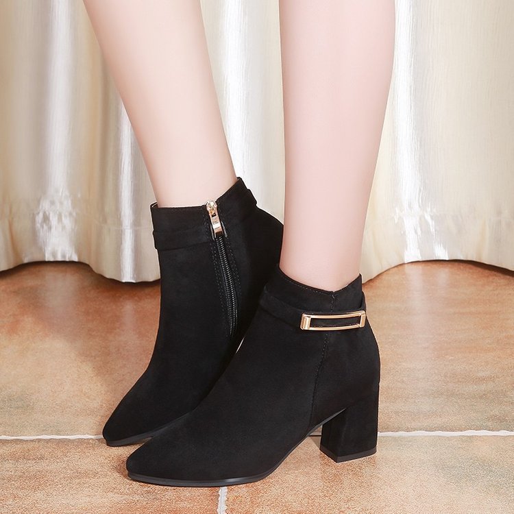 High-top nubuck leather pointed toe women's singles thick heels high heels short boots mid-heel women's shoes