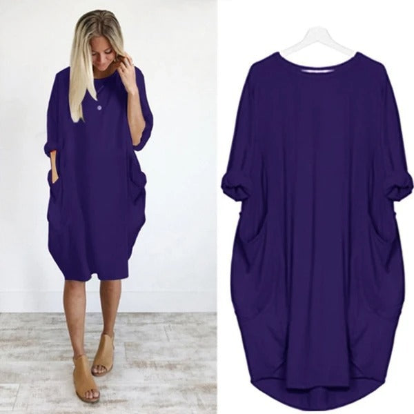 European and American popular casual loose pocket long-sleeved dress