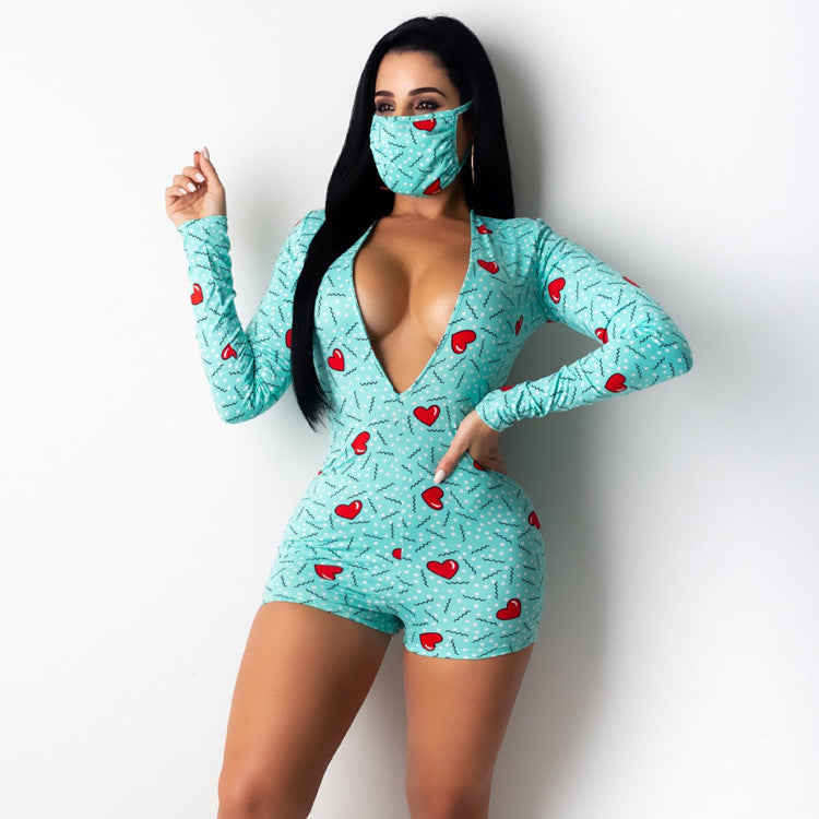Hot print long-sleeved pajamas deep V tight sexy jumpsuit with mask