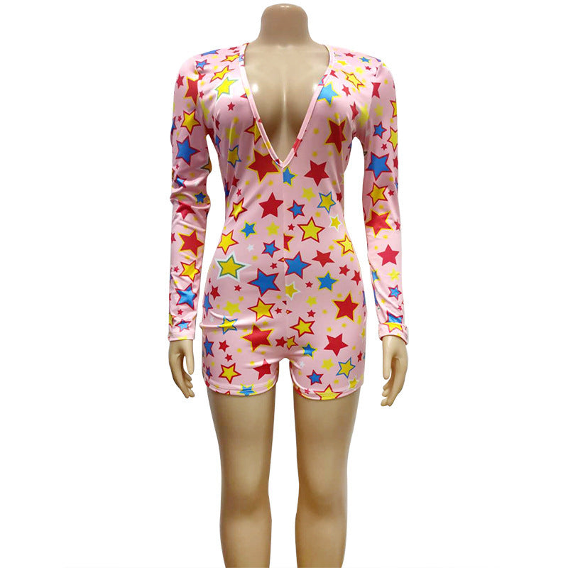 Hot print long-sleeved pajamas deep V tight sexy jumpsuit with mask