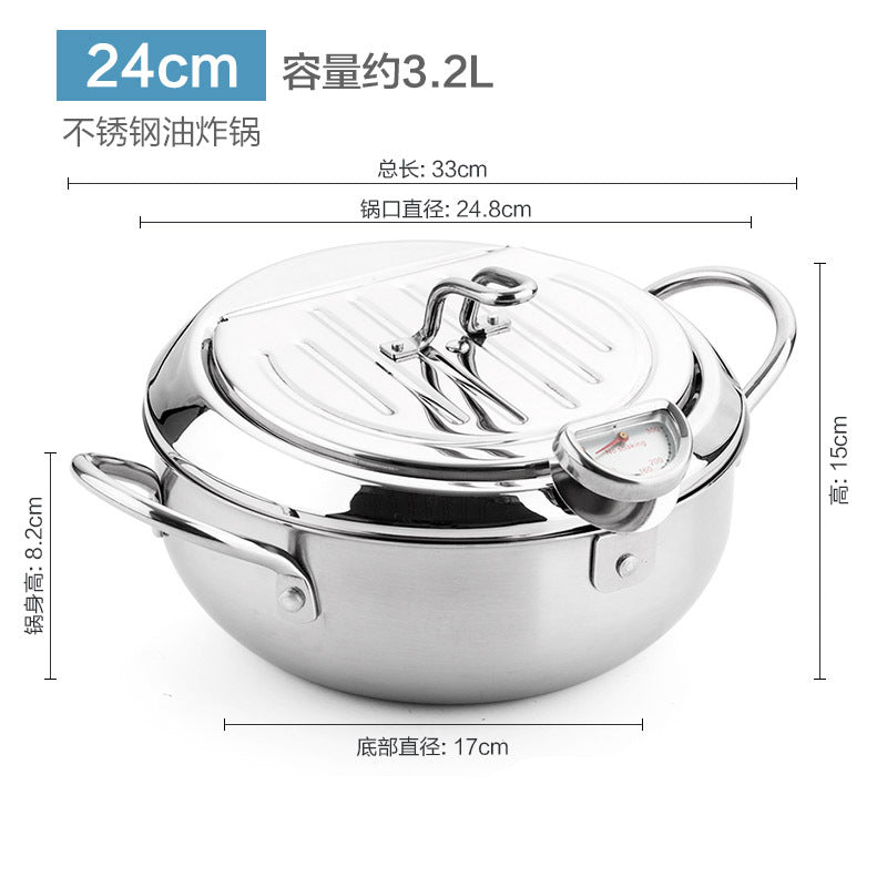 Japanese style tempura stainless steel frying pan kitchen temperature controllable flip cover with oil filter rack special frying pan