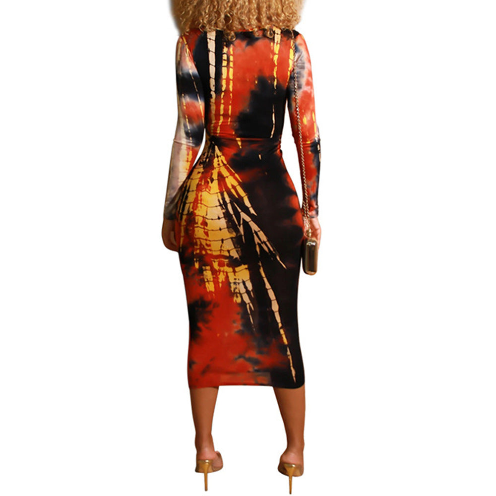 Long-sleeved dress Cross-border tie-dye digital printing printing V-neck tight sexy mid-length dress