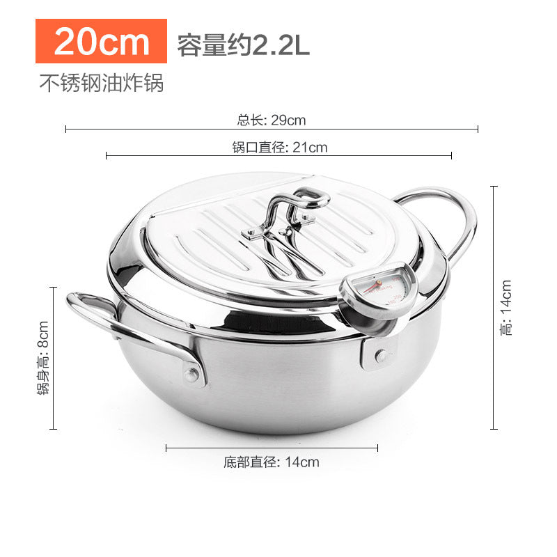 Japanese style tempura stainless steel frying pan kitchen temperature controllable flip cover with oil filter rack special frying pan